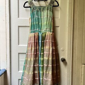 Vtg Multicolor Plaid Bohemian Maxi Dress XS Celestial Zodiac Hippie Silky Indian
